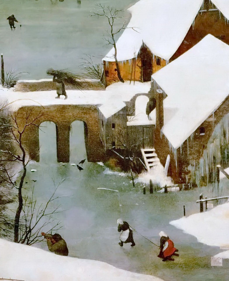 Питер Брейгель. Охотники на снегу. Фрагмент. 1565. Масло, дерево.